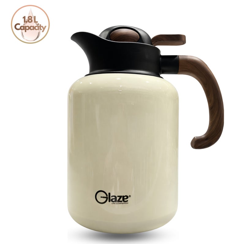 جليز إبريق حراري للقهوة والشاي بسعة 1.8 لتر، ترمس بعزل من الستانلس ستيل 304، يحافظ على المشروبات ساخنة وباردة لساعات، غطاء مانع للتسرب، تصميم أنيق بمقبض خشبي للاستخدام في المنزل، المجلس والضيافة – أبيض - Image 1